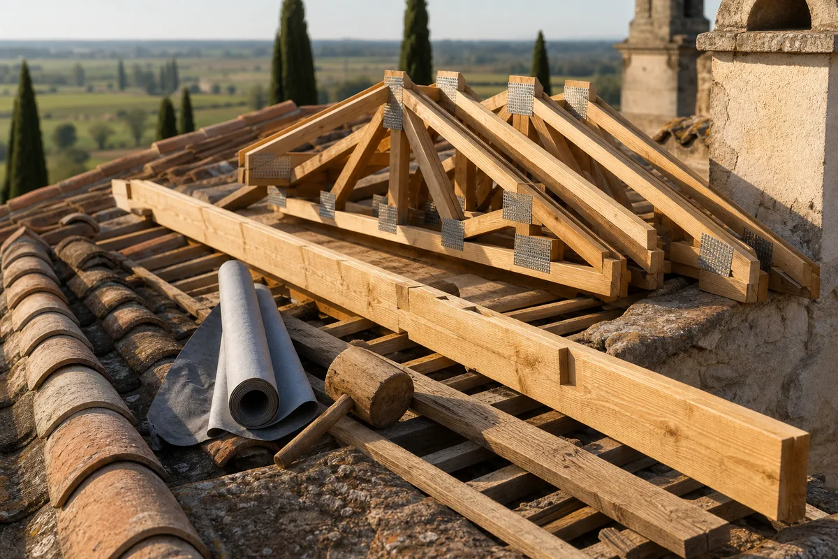 Fermettes industrielles en attente de pose sur un chantier