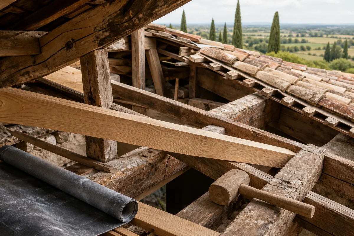 Charpente traditionnelle en bois massif dans les combles d’un mas provençal