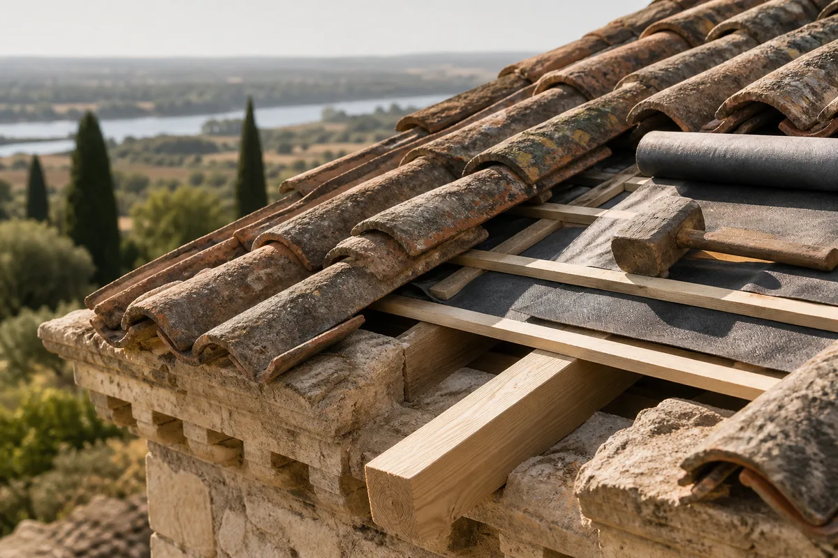 Toiture en tuiles canal et génoise sur une maison ancienne d’Arles