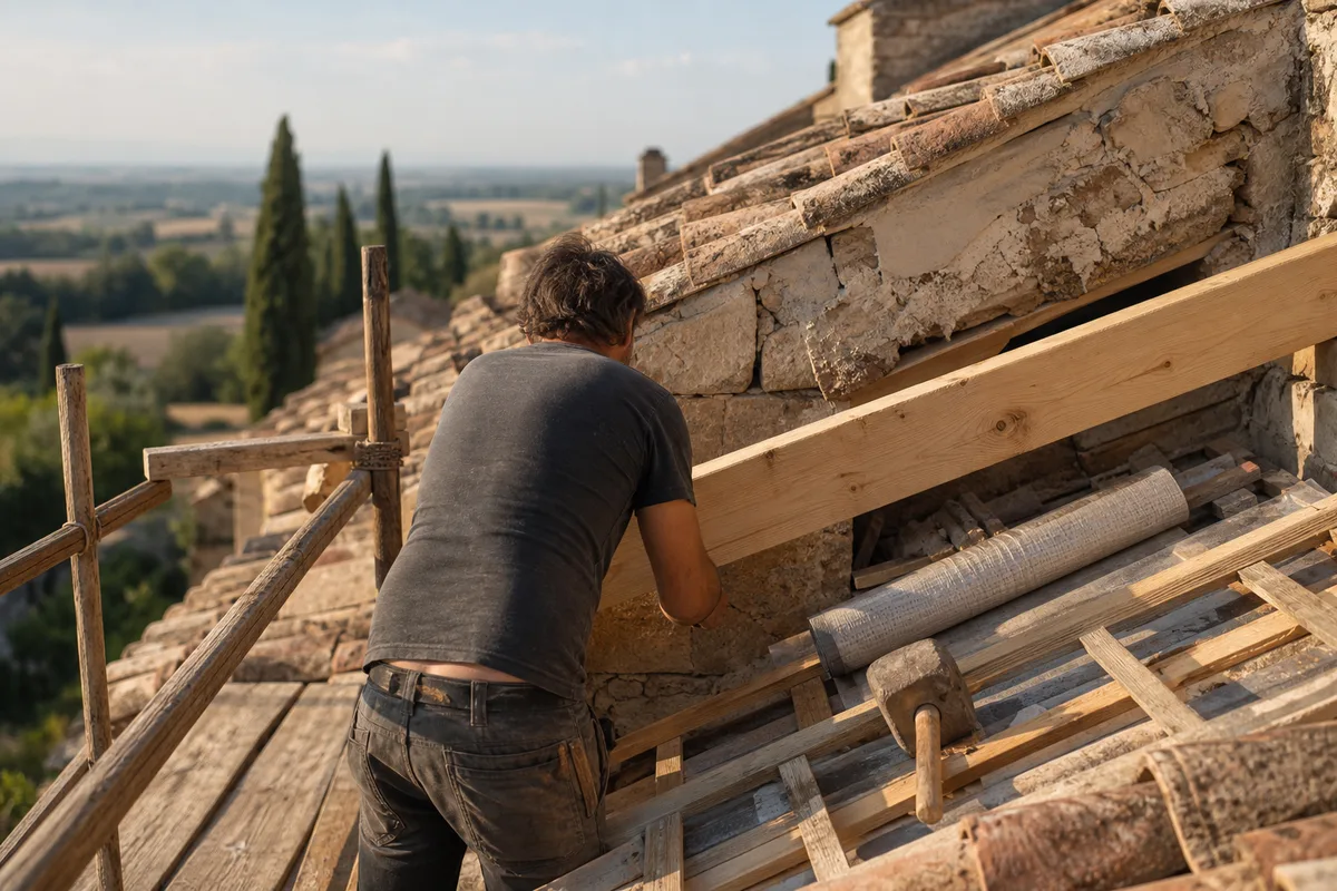 Couvreur au travail sur une réfection de toiture avec échafaudage