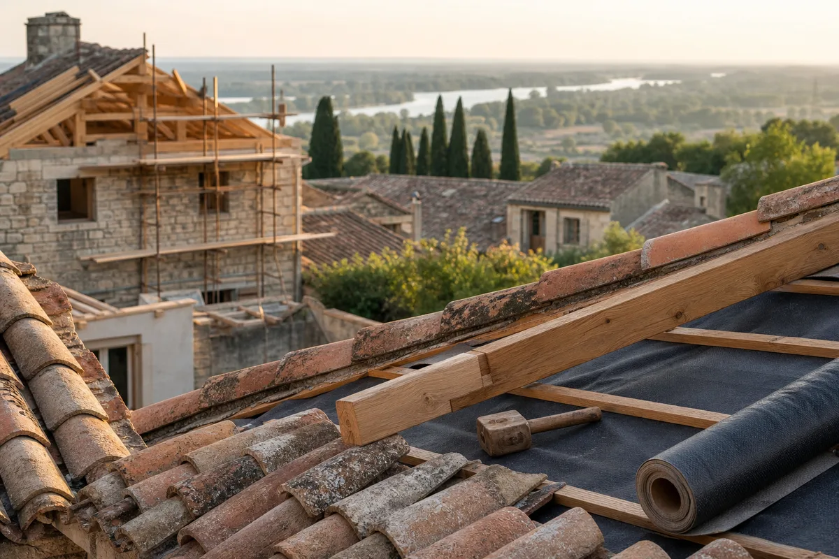 Toits de tuiles canal d'Arles au soleil face au Rhône, ferme de charpente en bois au premier plan