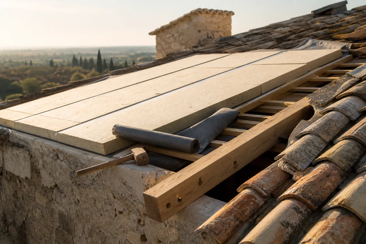 Panneaux isolants posés au-dessus de la charpente lors d&rsquo;un chantier de sarking