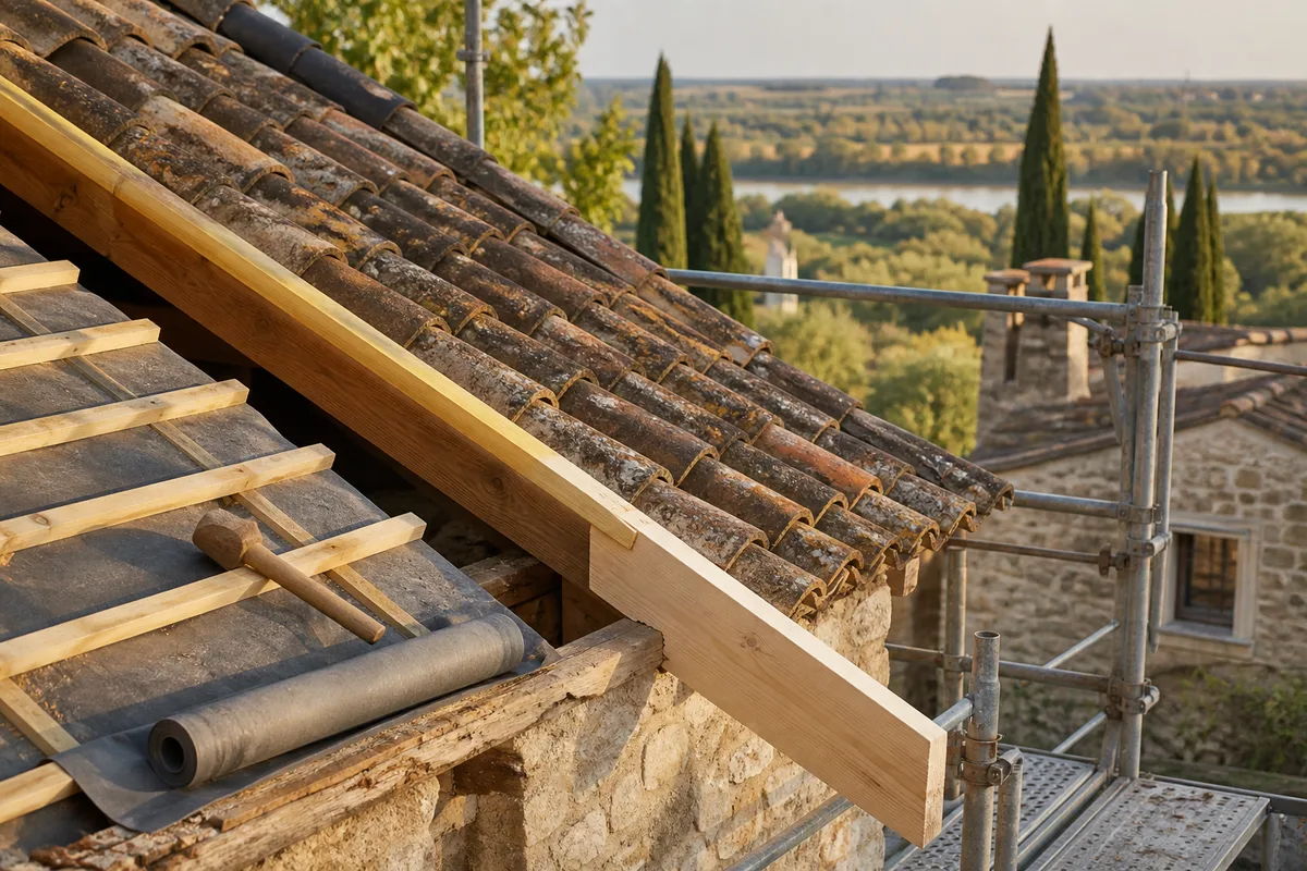 Chantier de réfection de toiture avec échafaudage sur une maison individuelle