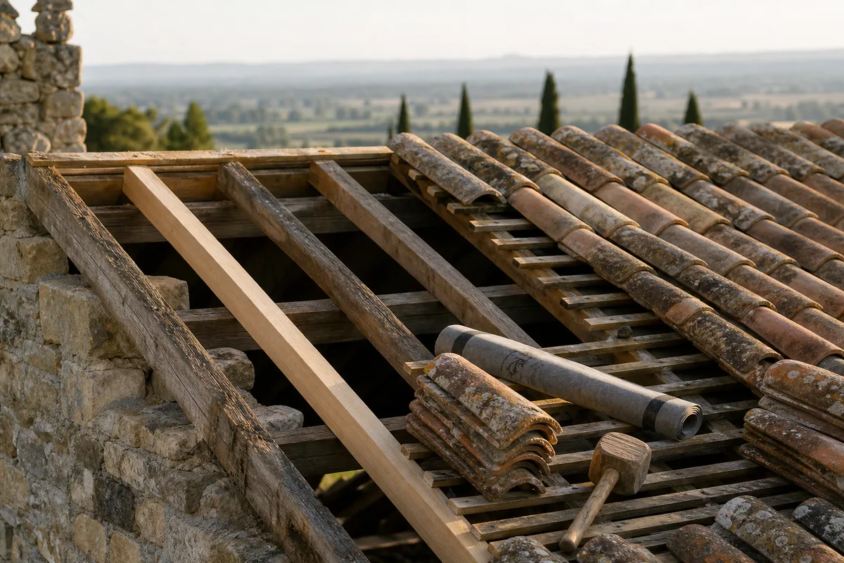 Toiture ancienne mise à nu montrant la charpente et les liteaux