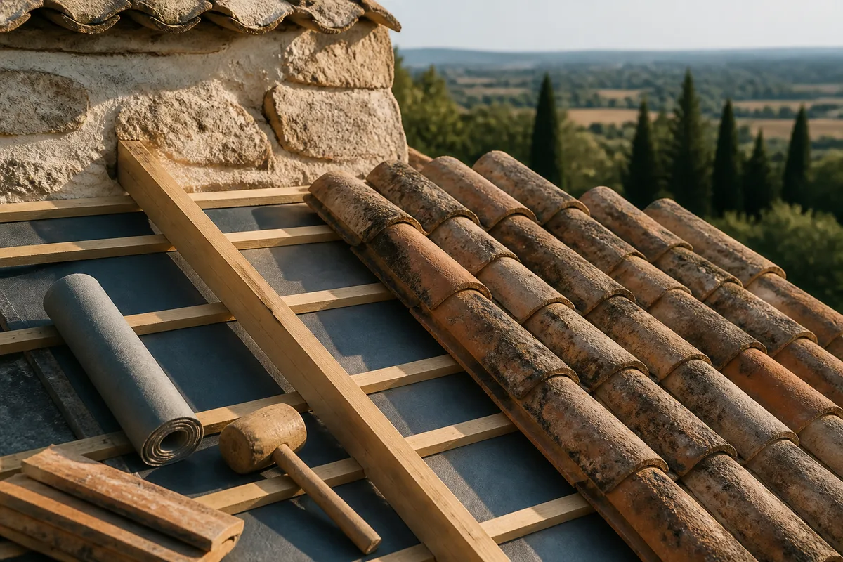 Pose de tuiles de réemploi sur un écran de sous-toiture neuf