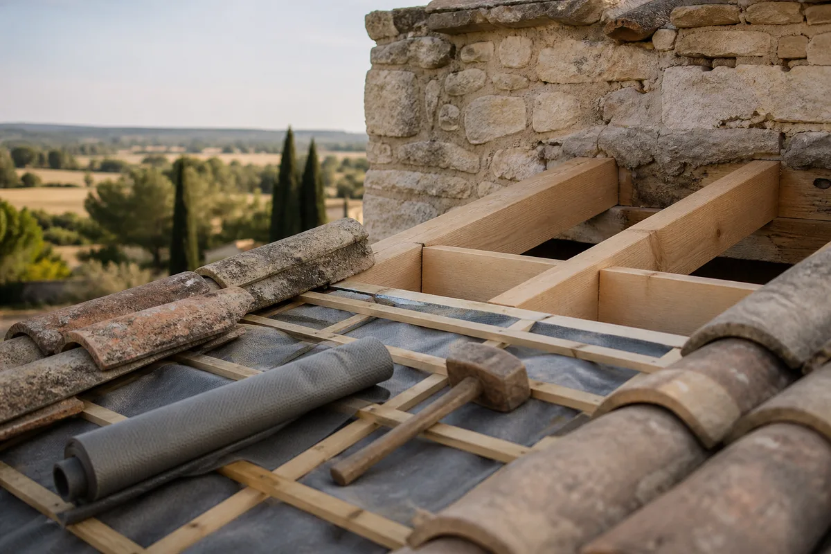 Mas provençal ancien en cours de rénovation avec murs de pierre apparents